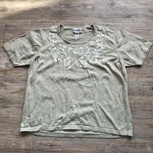 Vintage Sweater Shirt Women's Large Green Eccobay Floral Embroidered Granny